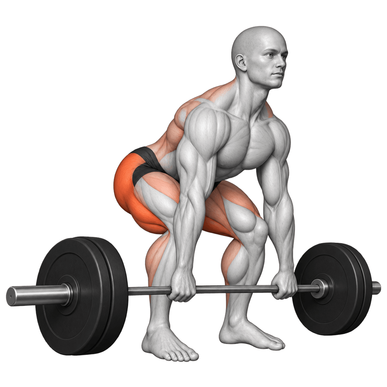 Barbell deadlift illustration showing a lifter hinging to the bar with the glutes and legs highlighted.