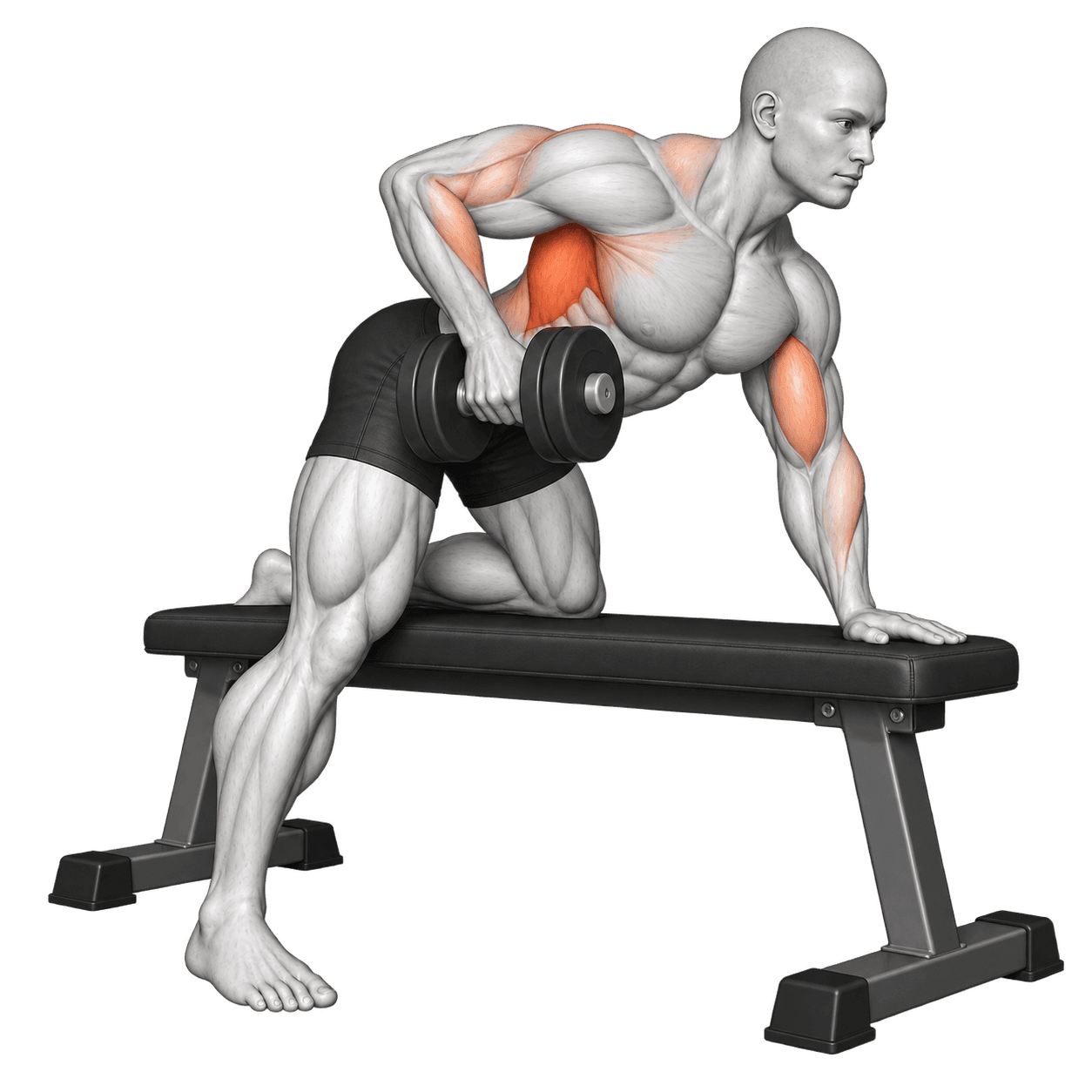 One-arm dumbbell row illustration with one hand and knee supported on a bench.