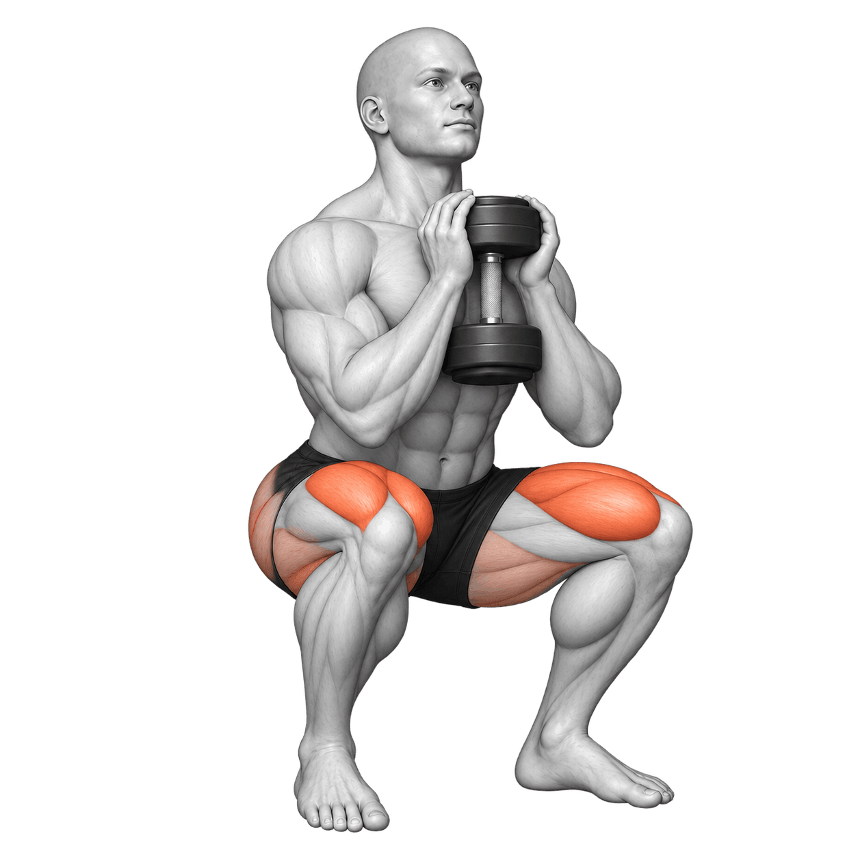 Goblet squat illustration showing a dumbbell held at the chest during a controlled squat.