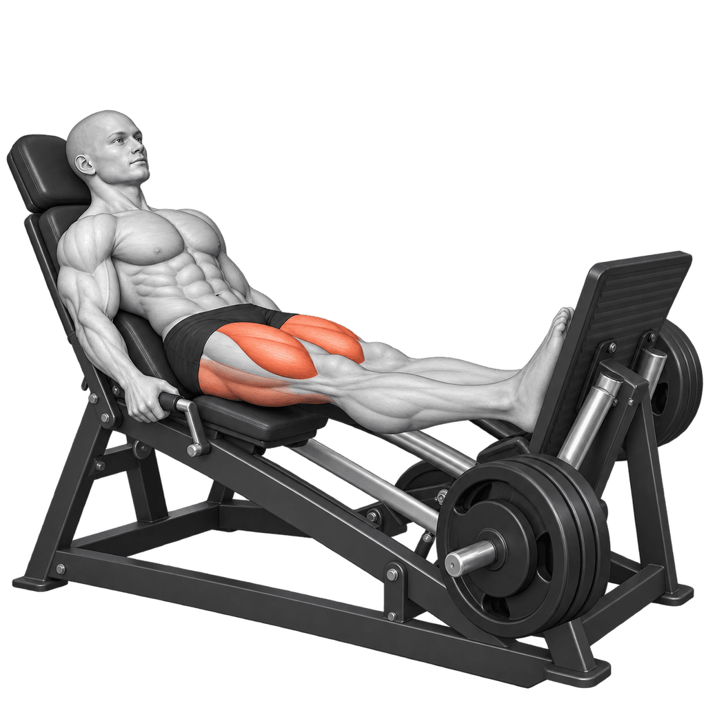 Leg press machine illustration with the lifter seated and pressing the footplate away.