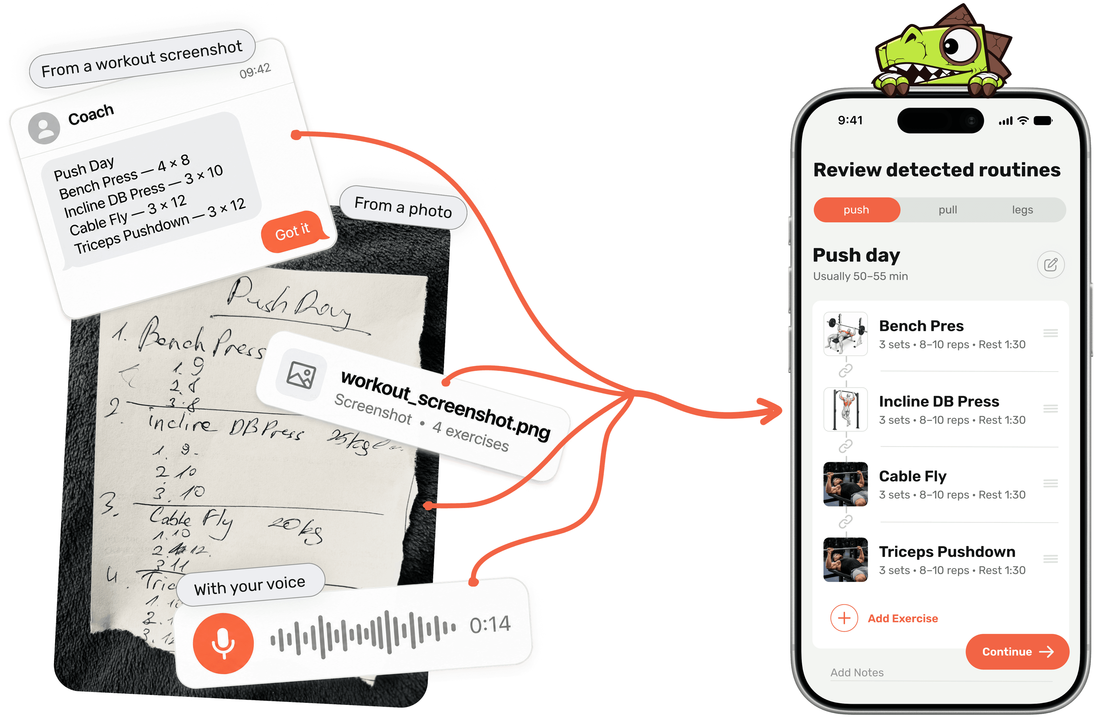 Workout text, a handwritten plan, a screenshot, and a voice note becoming an editable Lightweight routine
