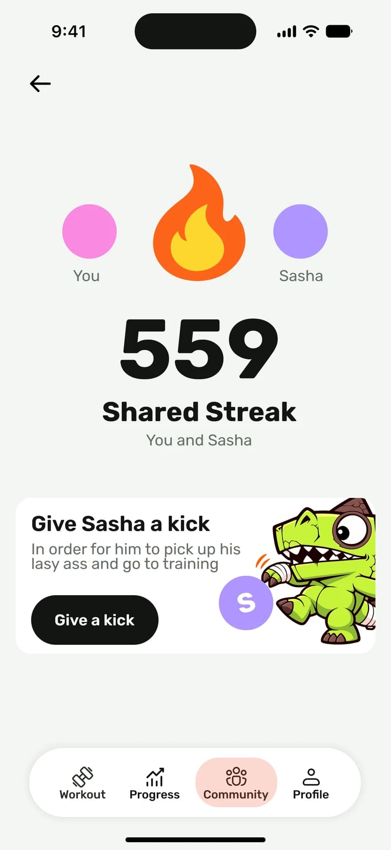 Example Lightweight community screen with two friends, a Gym Bro Streak and Seryozha